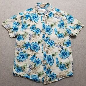 Denim‎ & Flower Shirt Men Medium White Blue Floral Hawaiian Button Up